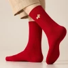 Sock stall offers one-piece delivery service for men's zodiac year of the Horse red socks, cotton socks, big red socks, autumn and winter New Year socks, embroidered golden horse wedding dark red long socks Specification image